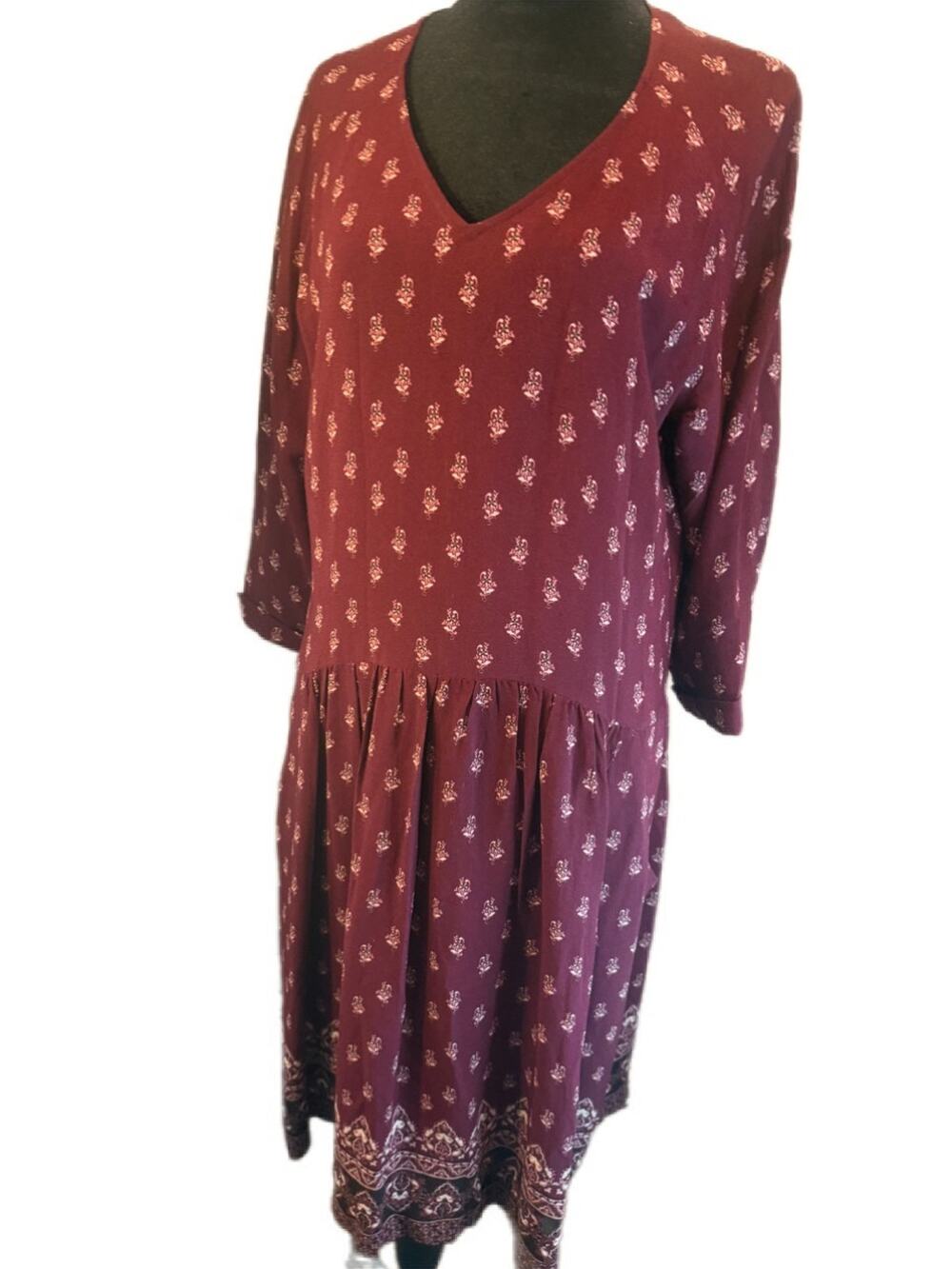 Garnet Hill Boho Peasant Dress Border Print Viscose Burgundy Women's 14